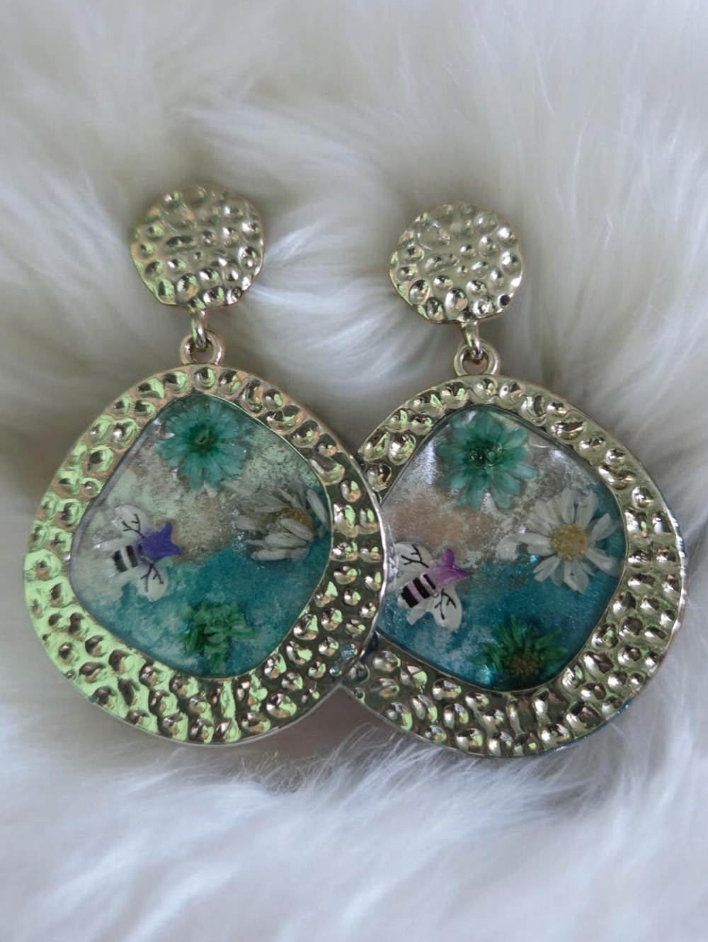 One Of A Kind Silver Spring Floral Resin Drop Earrings with Teal Accents.
